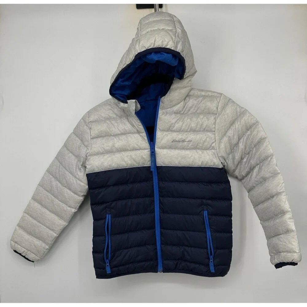 Eddie Bauer Boy's White And Navy Full Zip Hooded Puffer Coat Size M 10/12 Down j
